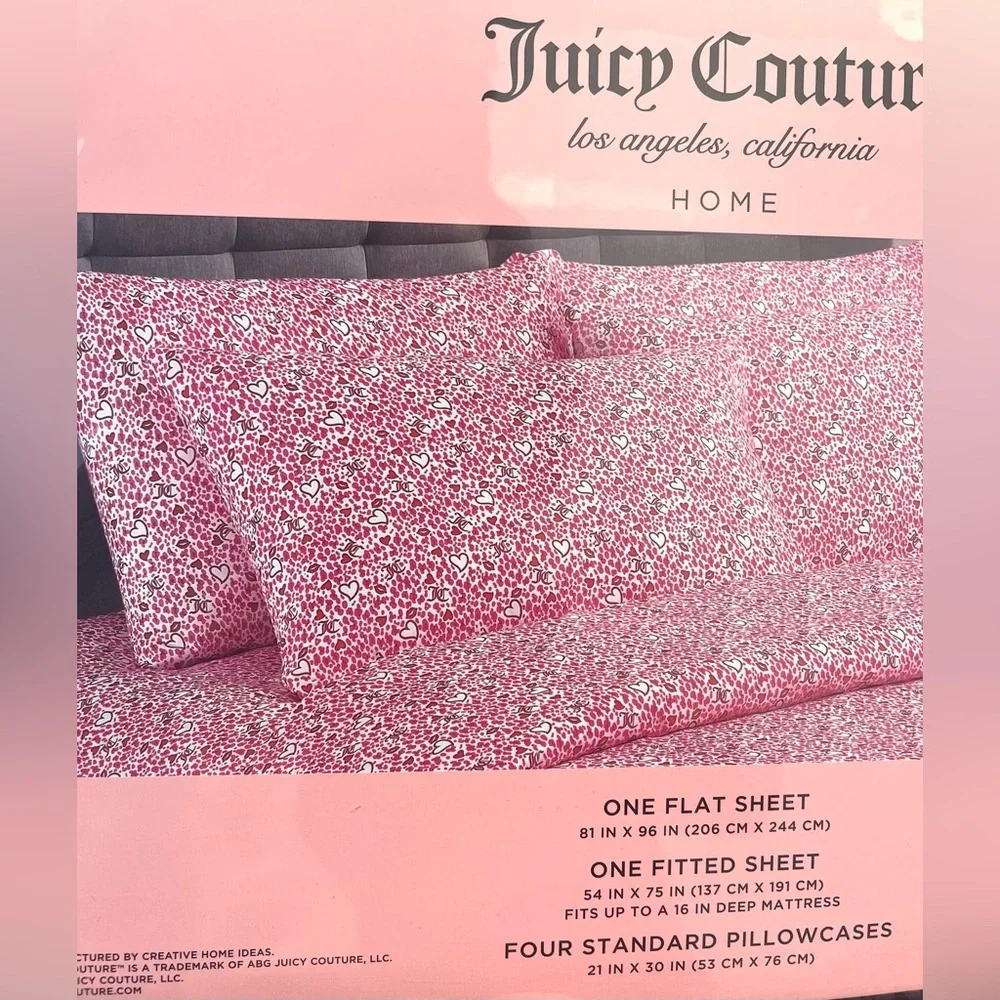 Juicy Couture 6pc DP Full Sheet Set White Red Pink Hearts Lips 4 Pillowcases NIP
